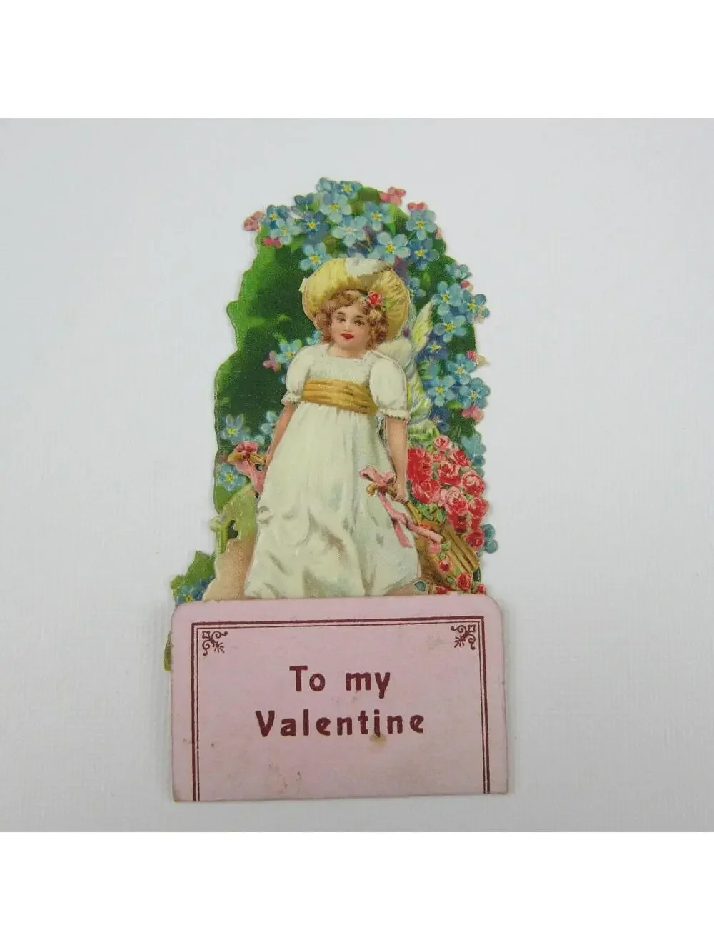 Vintage Valentine 3D Pop Up Die Cut Girl Hat Wheelbarrow Red Roses Blue Flowers